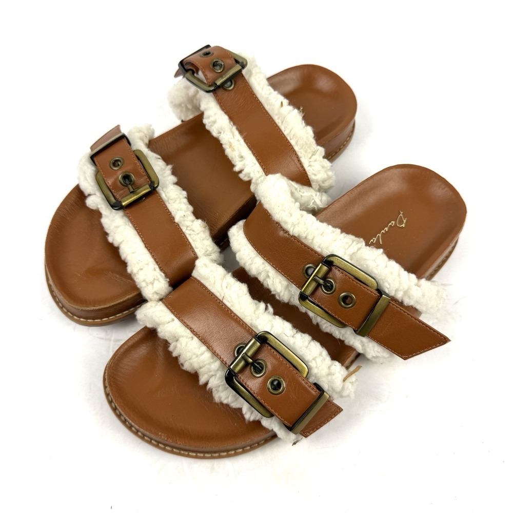 Paula Torres Birken Sandals 7 Brown Fuzzy Fur Slip On Boho Shoes Womens